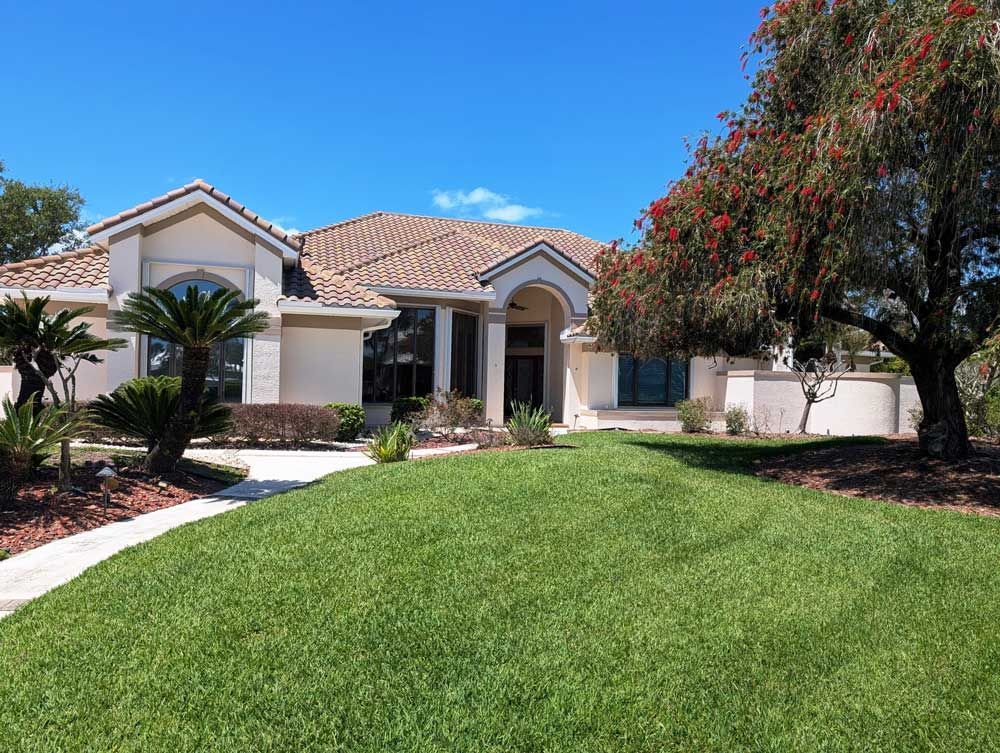 Single-story house with a tiled roof, green lawn, and trees under a clear blue sky.