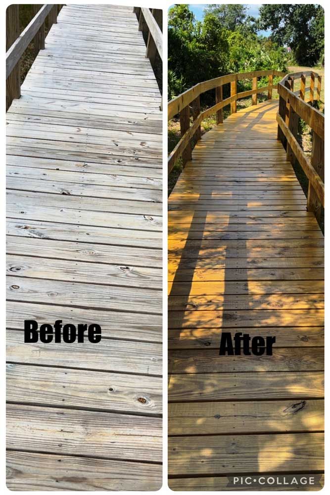 Wooden boardwalk shown before and after cleaning, with the after side darker and glistening.