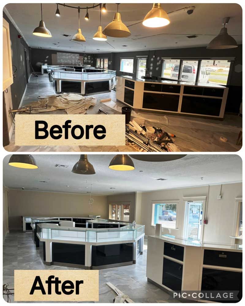 Before-and-after view of a renovated room with new paint, lighting, and a pool table.