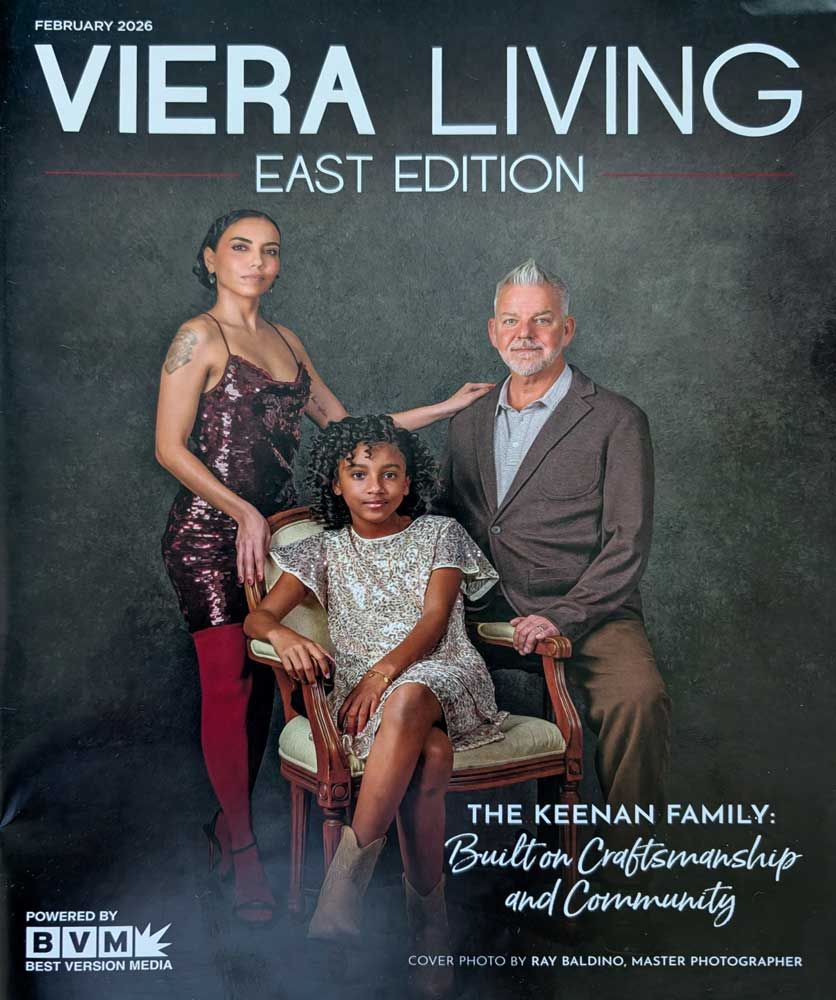 Viera Living East Edition cover featuring The Keenan Family in formal attire against a dark background