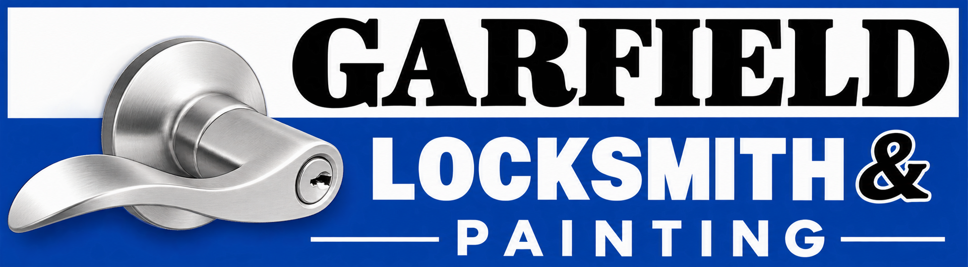 Garfield Locksmith & Painting logo with silver lock and bold black, white, and blue text