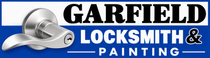 Garfield Locksmith & Painting logo with silver lock and bold black, white, and blue text
