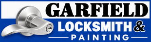 Garfield Locksmith & Painting logo with silver lock and bold black, white, and blue text
