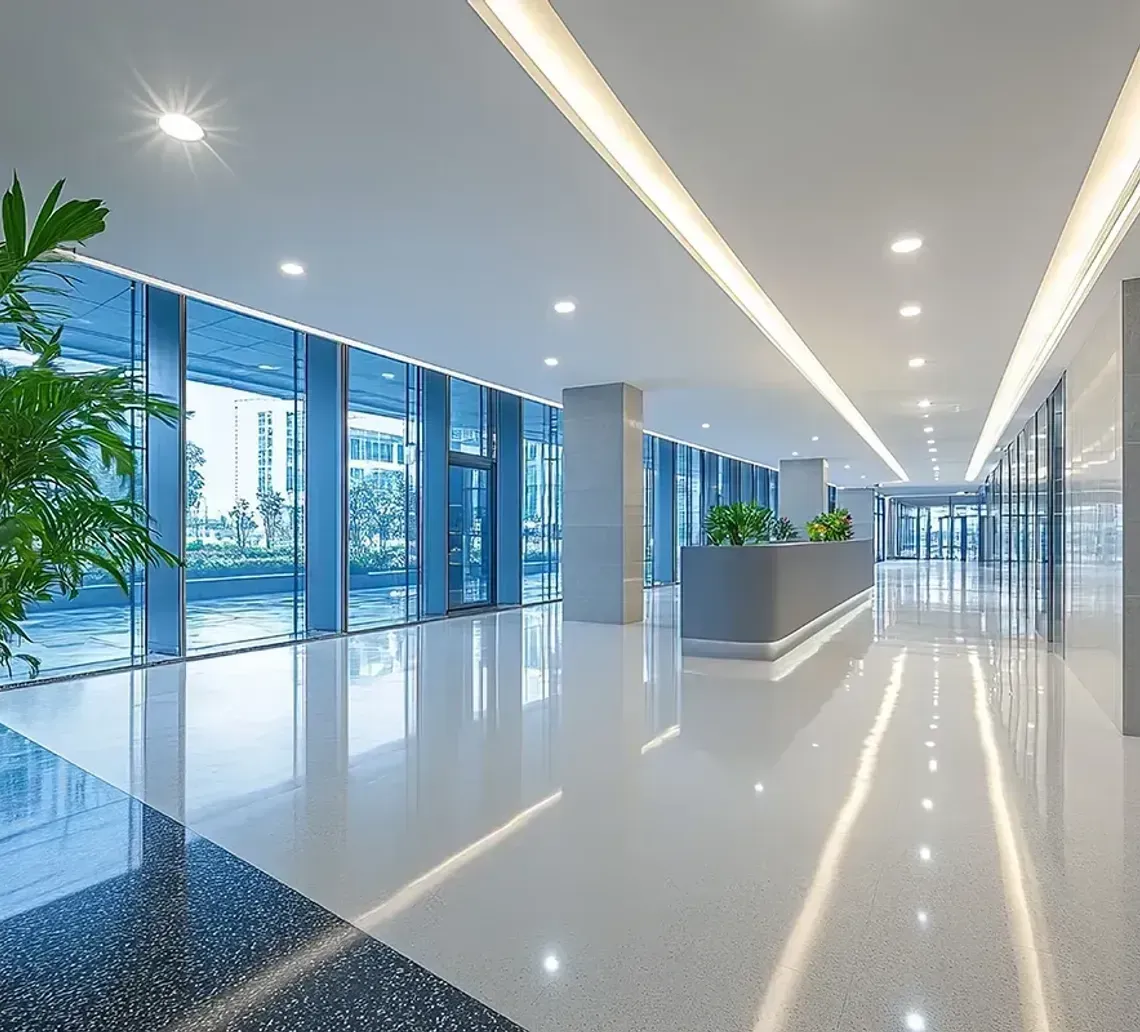 A modern, brightly lit office lobby with white glossy floors, floor-to-ceiling windows, and a large indoor potted plant.