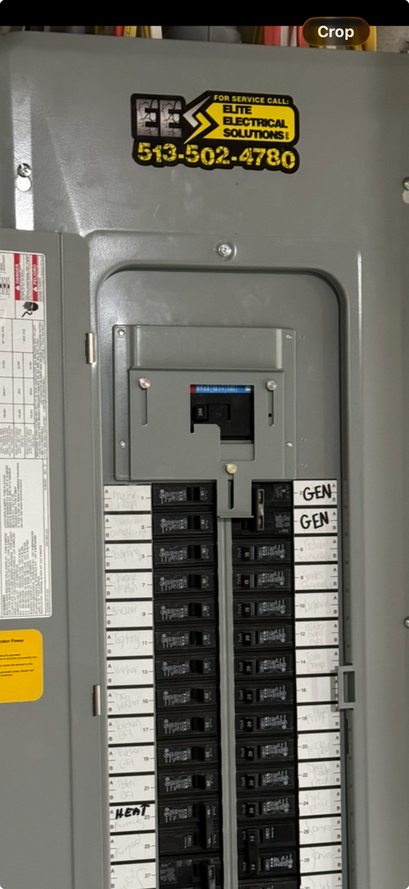 Gray electrical breaker panel with rows of black switches and warning labels on the cover.