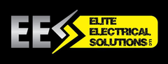 Logo for Elite Electrical Solutions with gray "EE" text, a yellow lightning bolt, and four credit card icons on black.
