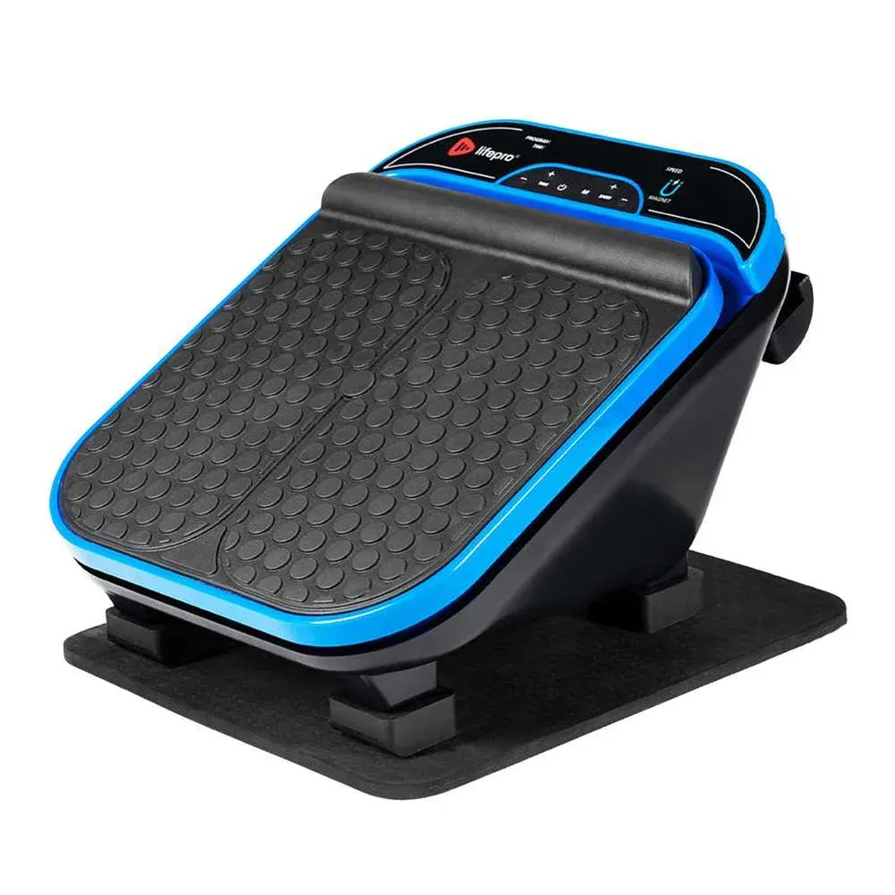 Foot Massage black adjustable footrest with blue trim and textured surface on a stand
