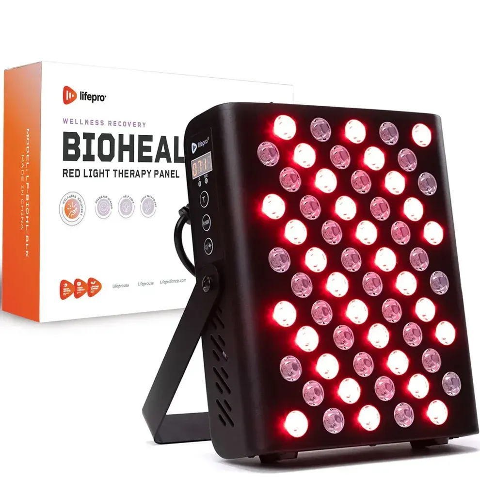 Red and near-infrared LED therapy panel with product packaging in the background