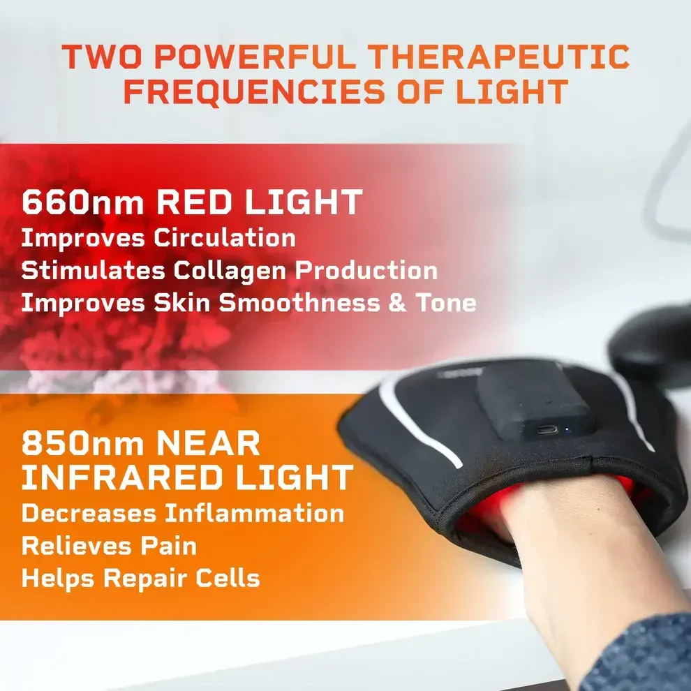 Infographic on red and infrared light therapy with a hand wearing a black treatment glove