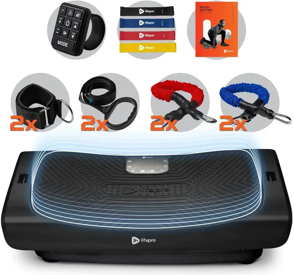 Vibration plate fitness machine with remote, resistance bands, and instruction booklet