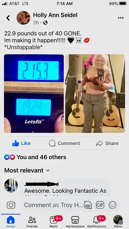 Social media post showing weight loss progress with before-and-after photos and a caption about “unstoppable.”