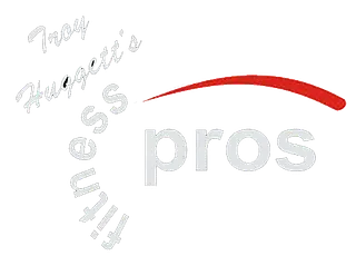 Light gray “pros” logo with red arc and faint diagonal “fitness harmony” text