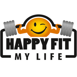 Smiling orange weightlifter logo with dumbbells and the words “HAPPY FIT MY LIFE”