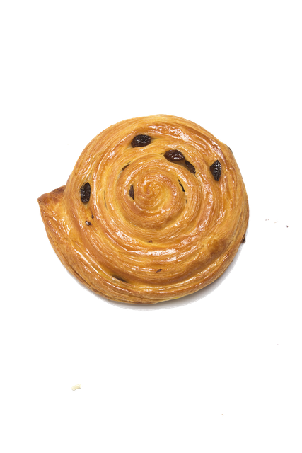 Una spirale di pasta sfoglia dorata con uvetta su sfondo bianco.