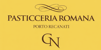 Un logo giallo per la Pasticceria Romana di Porto Recanati, caratterizzato da una scritta stilizzata e dalle iniziali CN.