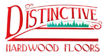 Distinctive Hardwood Floors logo in red with green tree line graphic