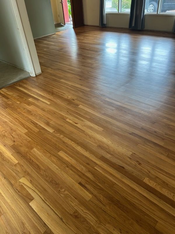 Empty room with glossy hardwood floors and sunlight from large windows