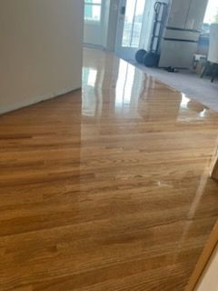 Shiny hardwood floor in an empty room, reflecting light from windows.
