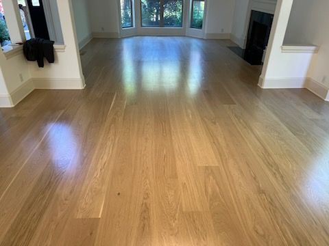 Empty living room with light wood flooring, large windows, and black fireplaces on both sides