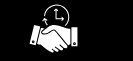 White handshake with a clock and circular arrows above, on a black background