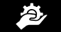 White gear-in-hand icon on black background, suggesting settings or support