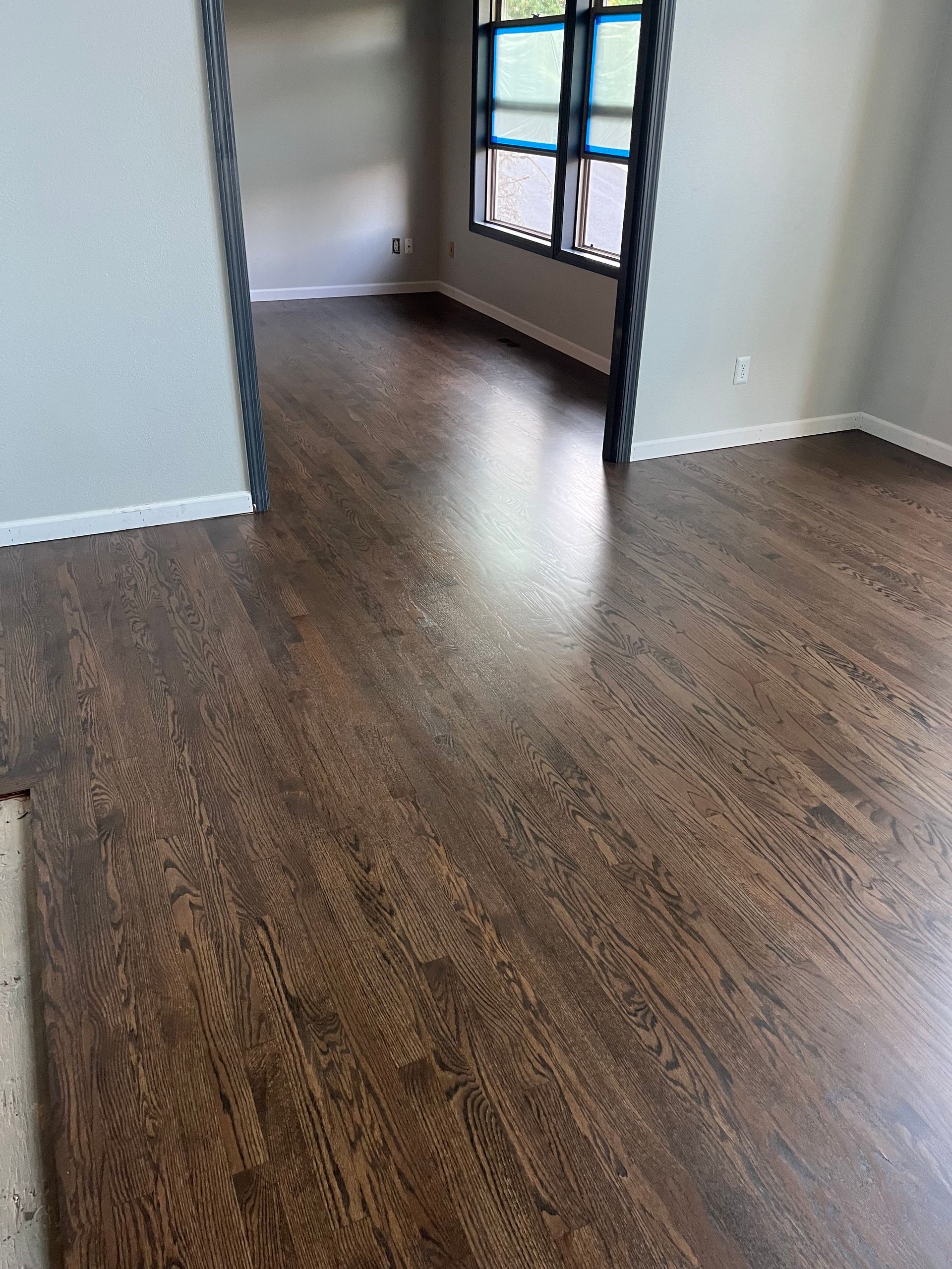 Empty room with dark wood flooring and a windowed doorway.