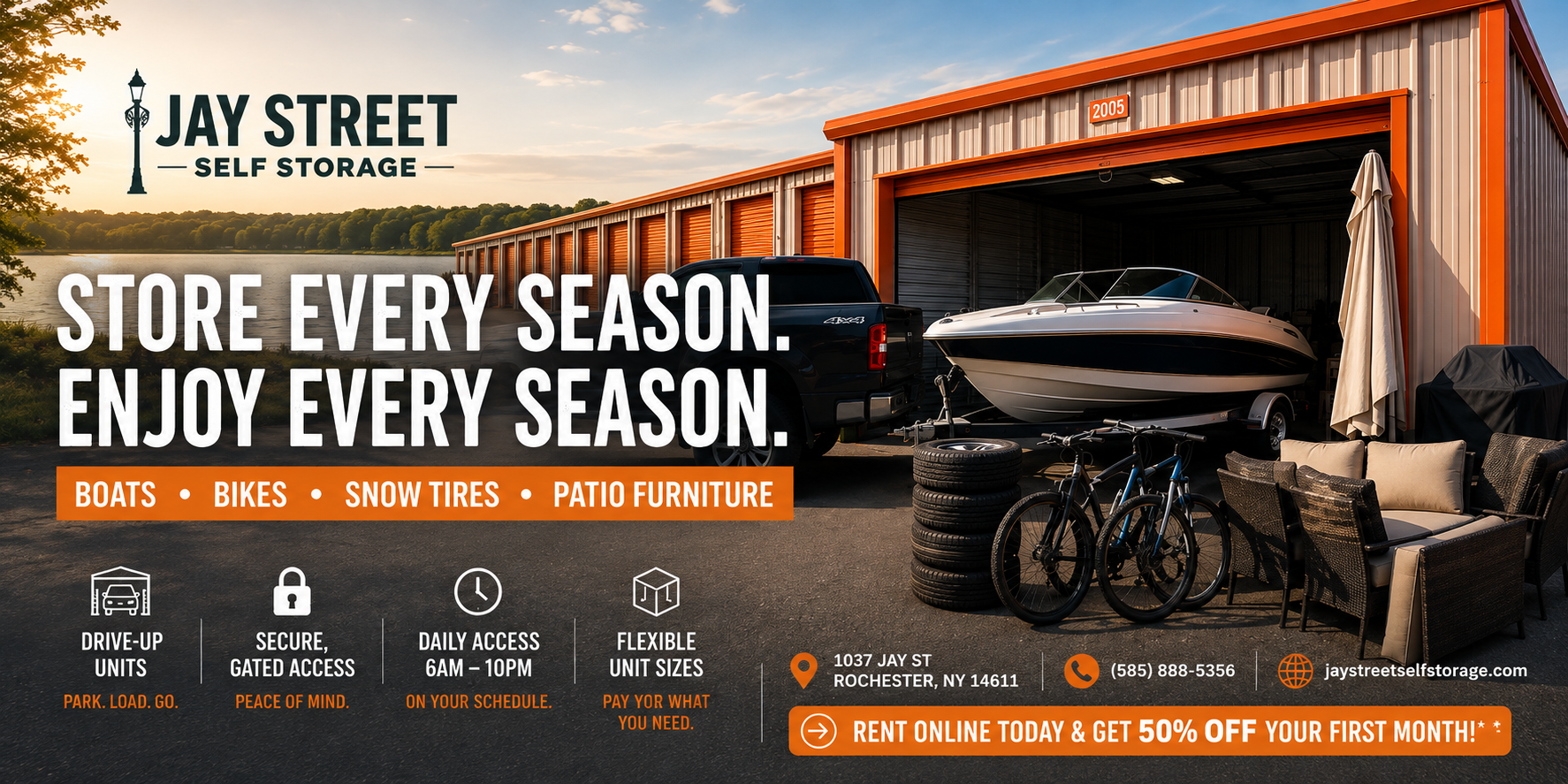 Jay Street Self Storage drive-up storage units in Rochester, NY with boat, bicycles, snow tires, and