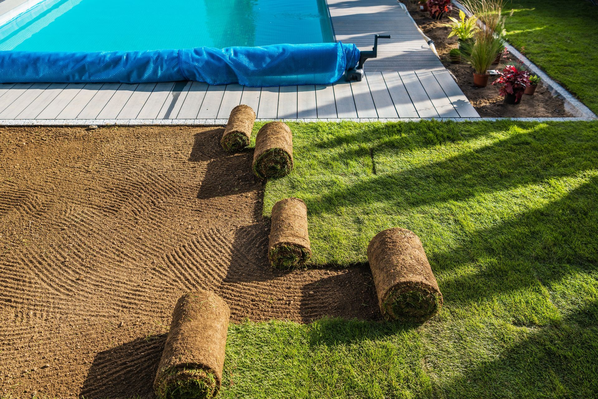 Rolling sod in a backyard beside a blue-covered pool and stone patio.