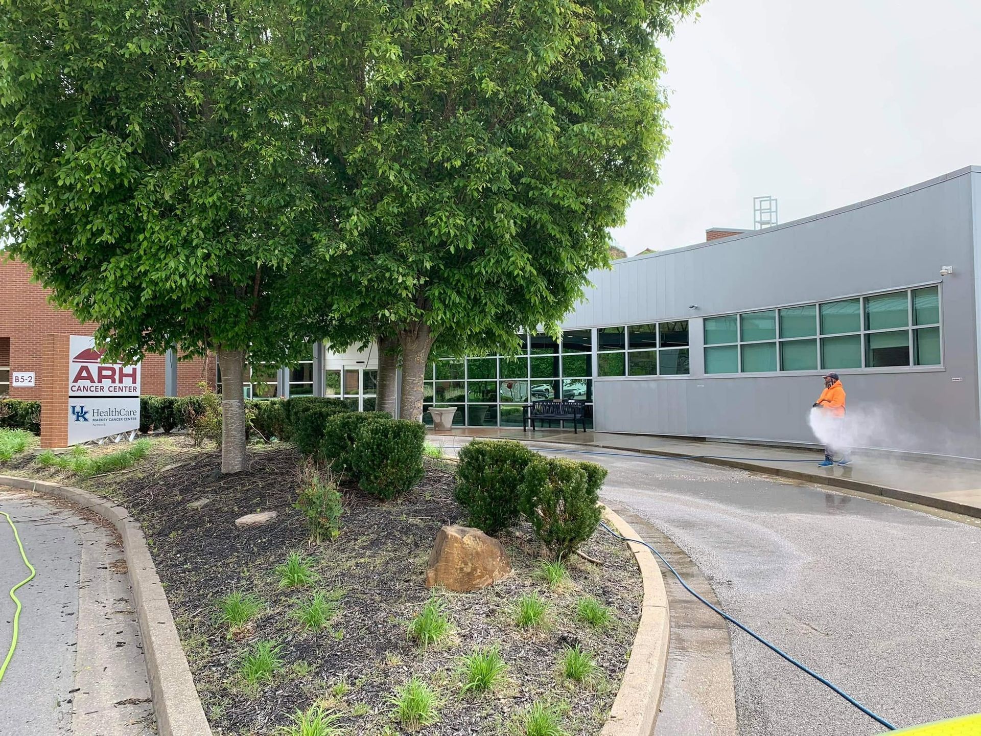 Modern office building entrance with large tree, landscaped median, and a person walking by the wall