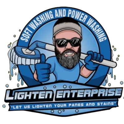 Logo of a power washing business with a bearded worker, hose, and text “Lighten Enterprise”