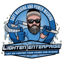 Logo of a power washing business with a bearded worker, hose, and text &ldquo;Lighten Enterprise&rdquo;
