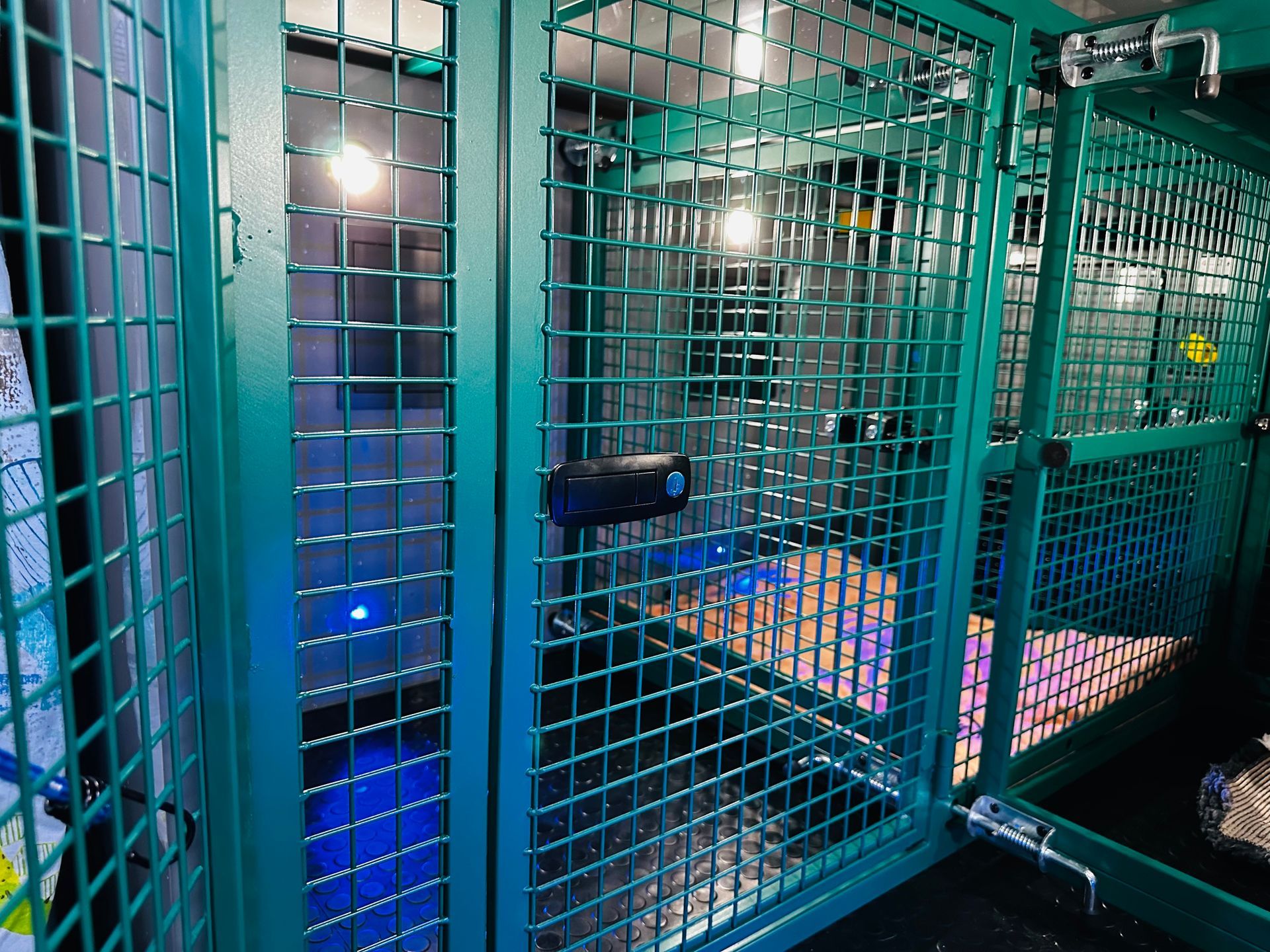 Green metal caged area with a door; camera mounted inside. Blue and white lighting.
