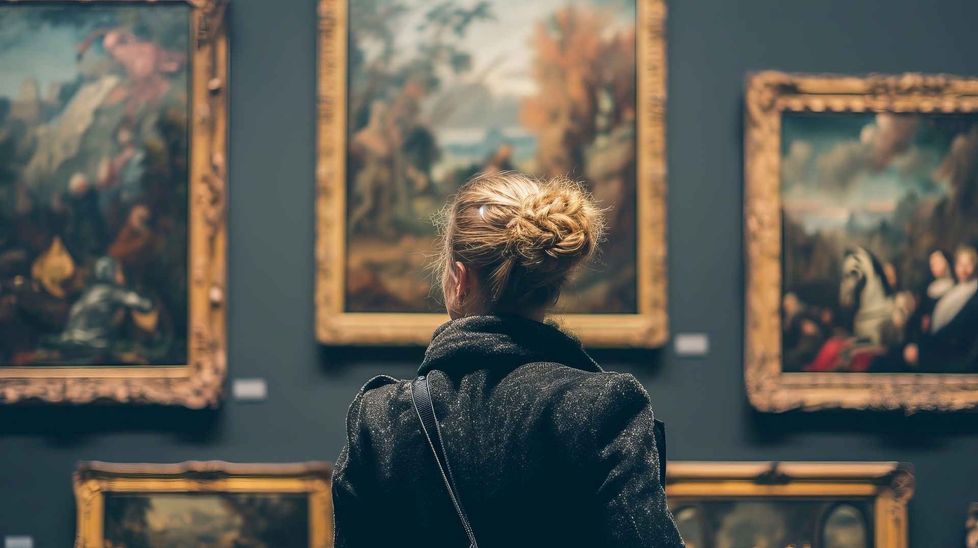 A woman is looking at a painting in a museum.