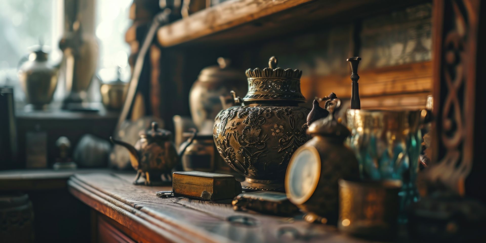 A wooden shelf with a lot of antique objects on it.