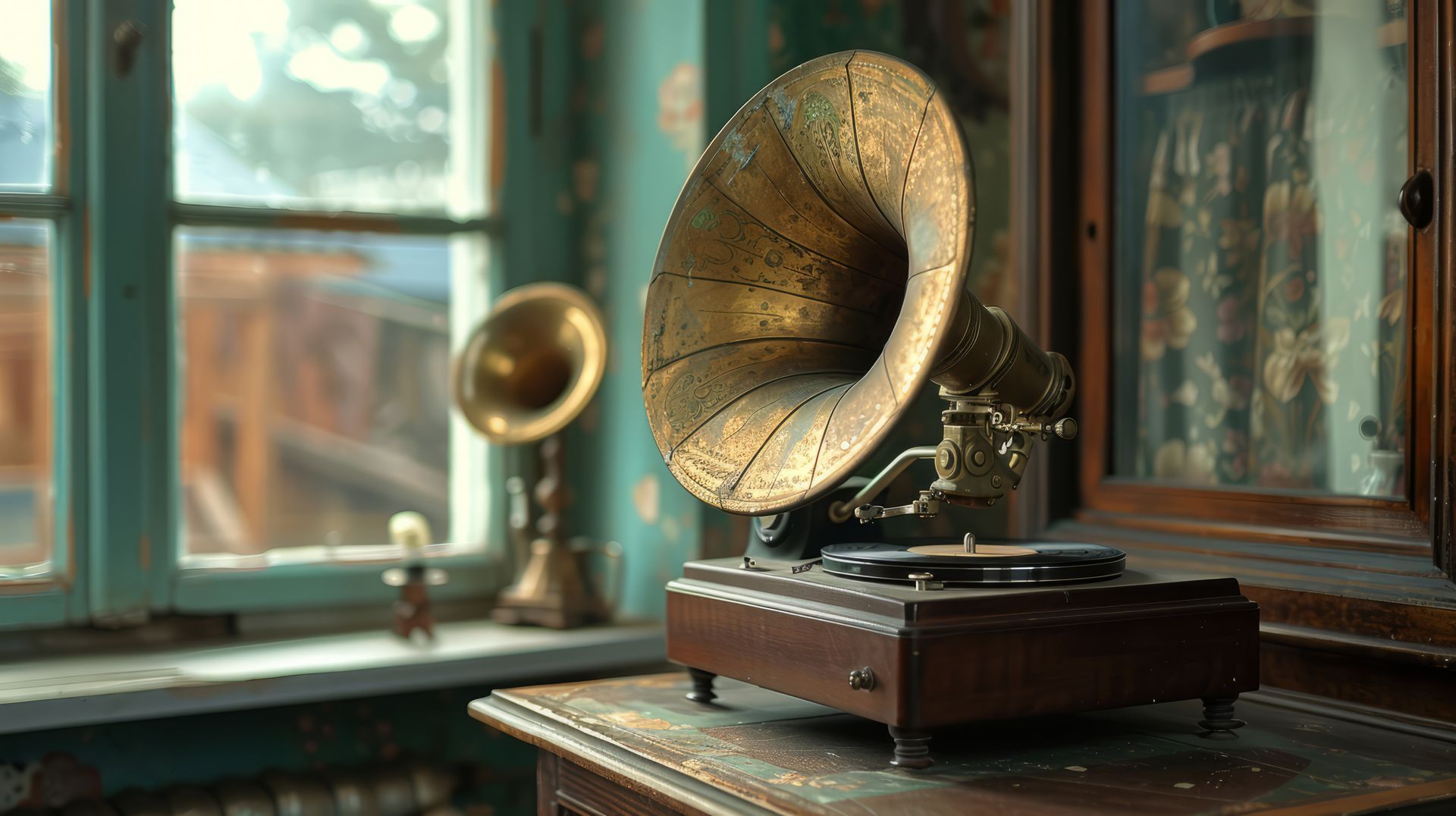 An old phonograph is sitting on a wooden table in a room next to a window.