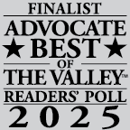 Finalist for Advocate Best of the Valley Readers' Poll, with text and stars in a gray box, 2025.