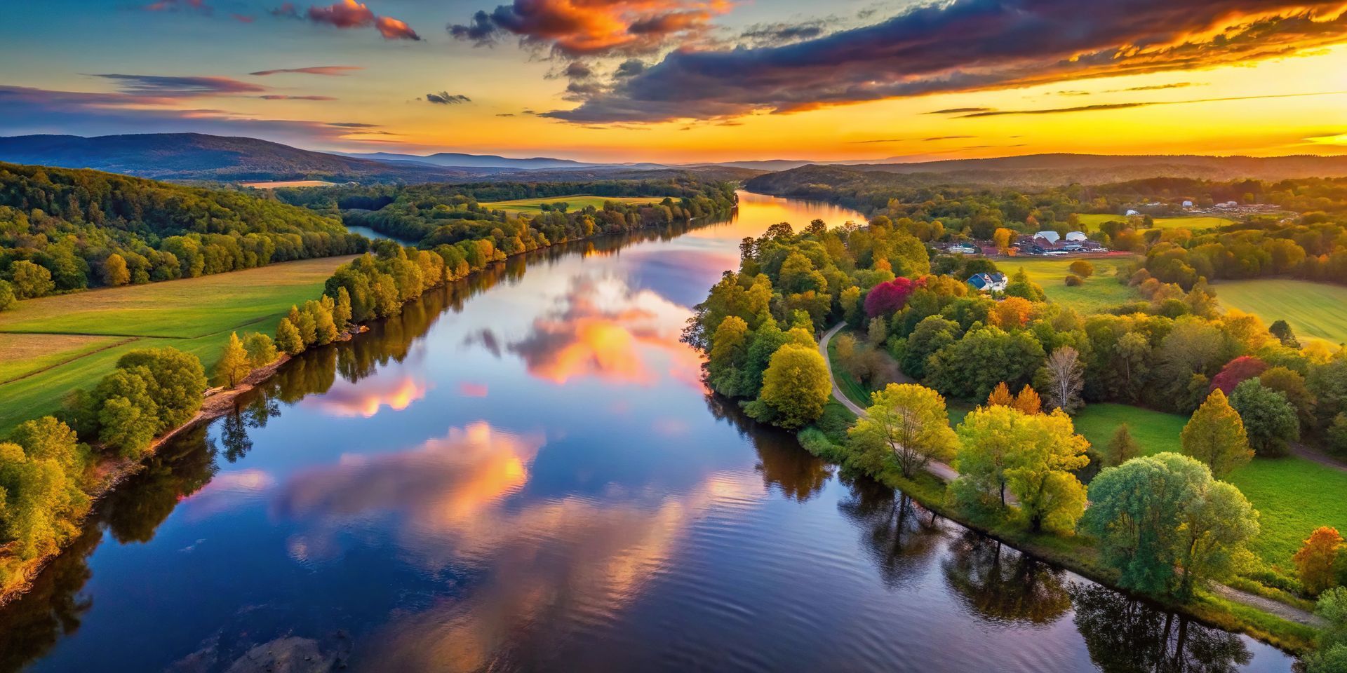 River flowing through lush green landscape at sunset.