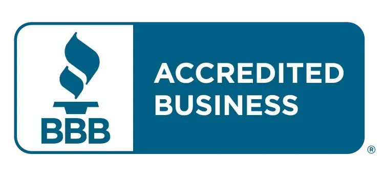BBB Accredited Business logo, a blue flame and text on a white and blue rectangle.