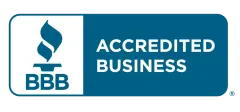 BBB Accredited Business logo, a blue flame and text on a white and blue rectangle.