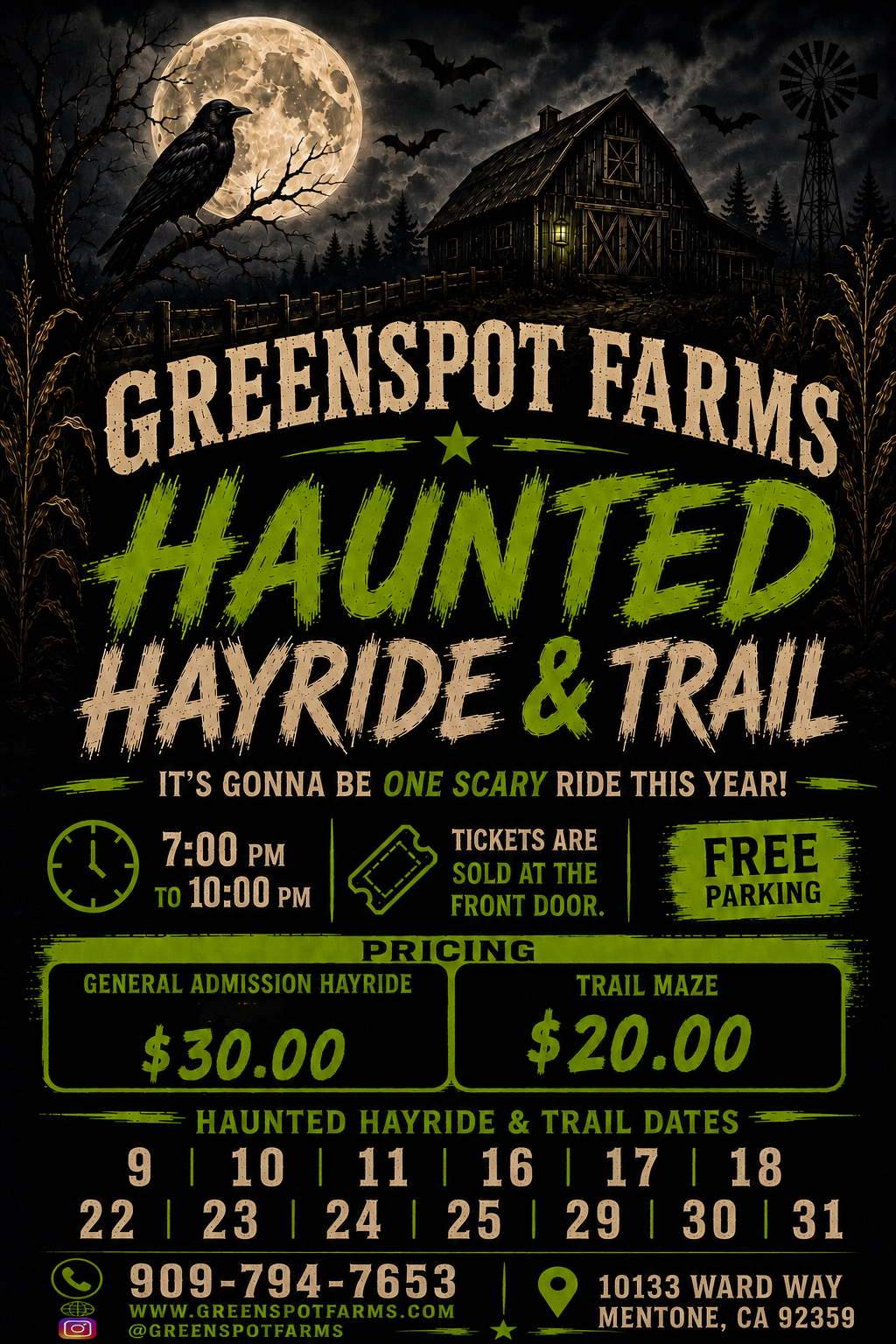 Greenspot Farms haunted hayride and trail event poster with moonlit farmhouse and dates, prices, and times