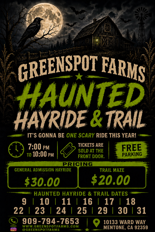 Greenspot Farms Haunted Hayride & Trail Halloween event poster with moonlit haunted house and crow silhouettes