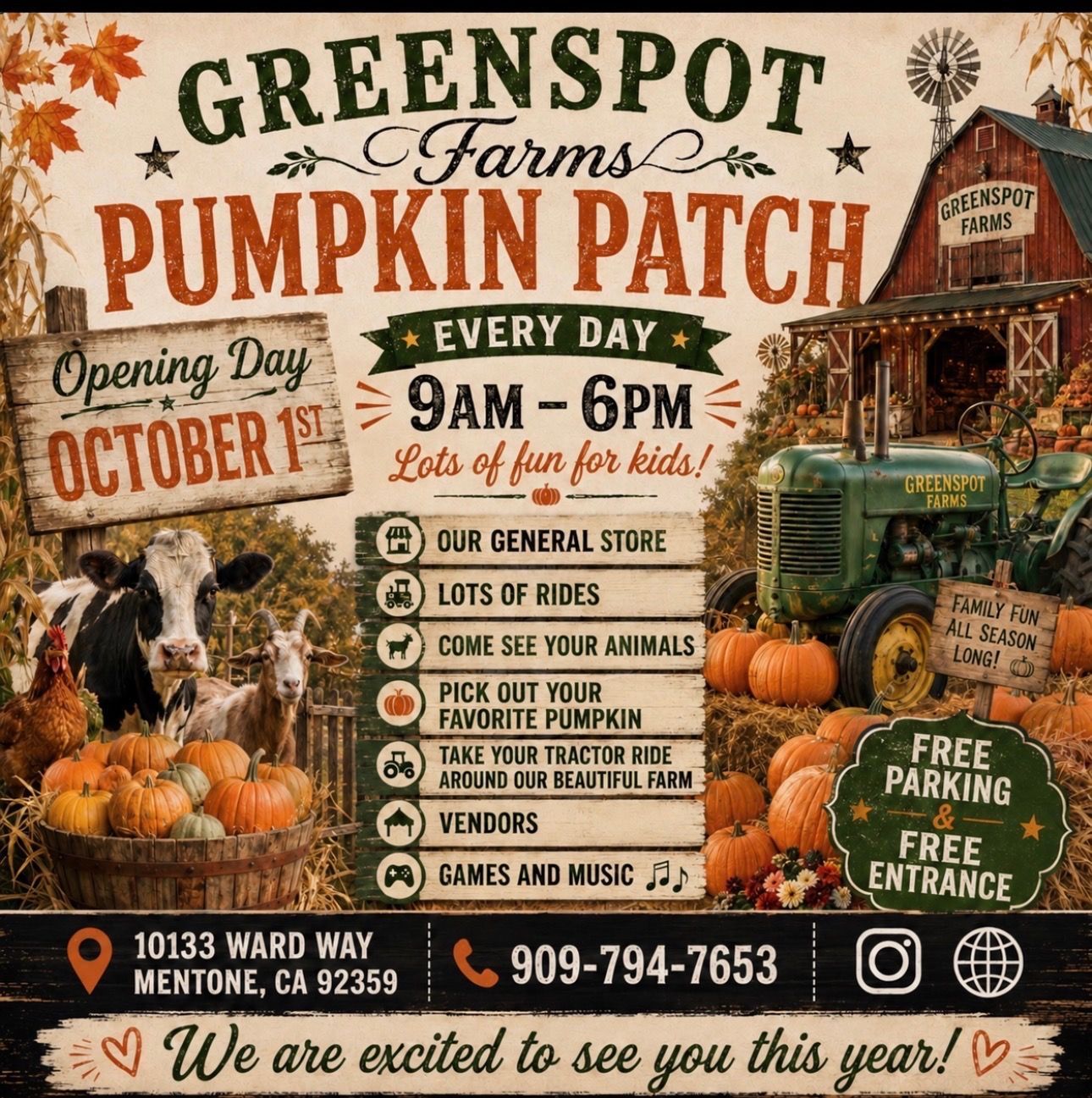 Green Spot Farms pumpkin patch poster with dates, hours, activities, and tractor amid autumn decor.