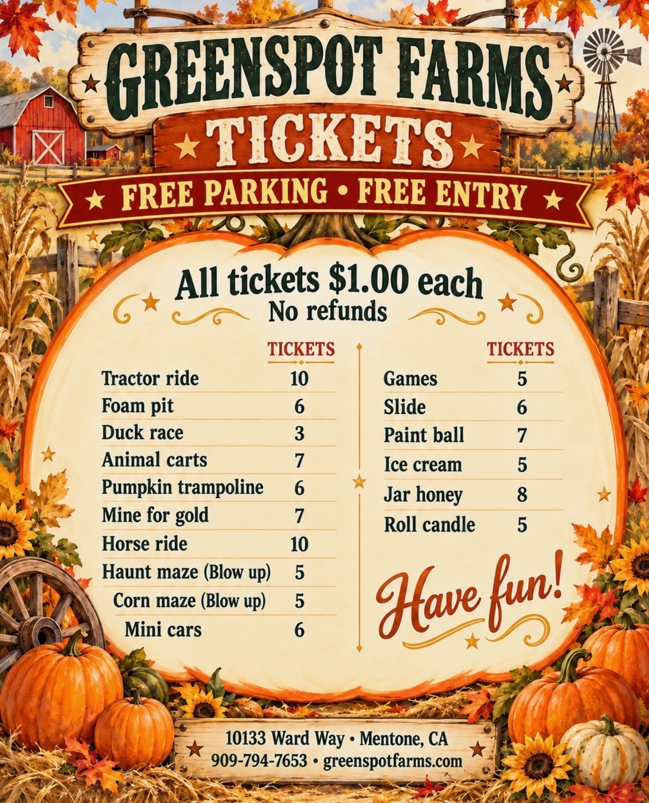 Greenspot Farms ticket sign listing fall activities, games, prices, and free parking/entry with pumpkins and autumn leaves