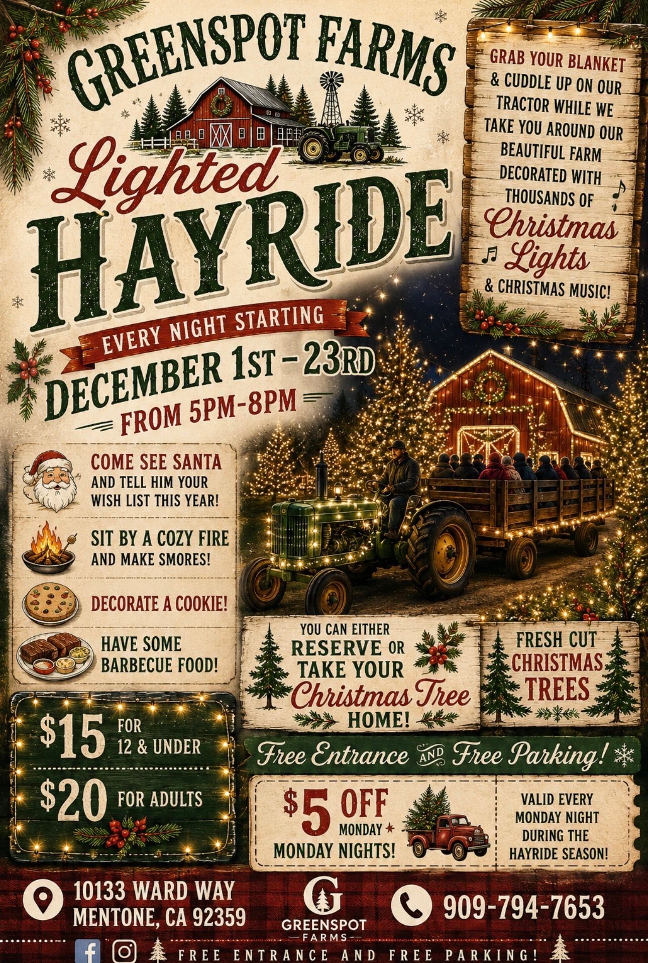 Greenspot Farms Lighted Hayride poster with festive hayride wagon, Christmas lights, dates, prices, and farm info