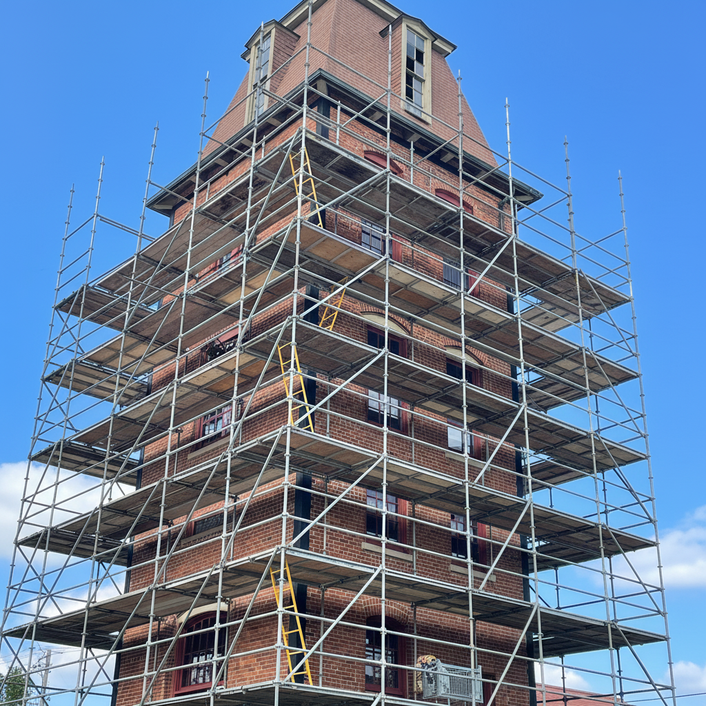 Tall brick building under renovation with scaffolding. Trees in foreground, blue sky background.