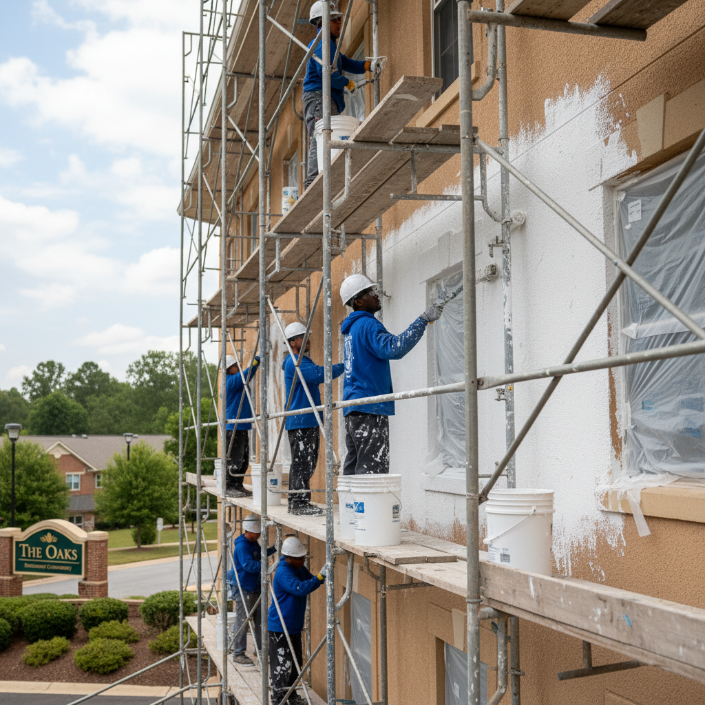 Building exterior being painted, lift and ladders in use, blue sky.