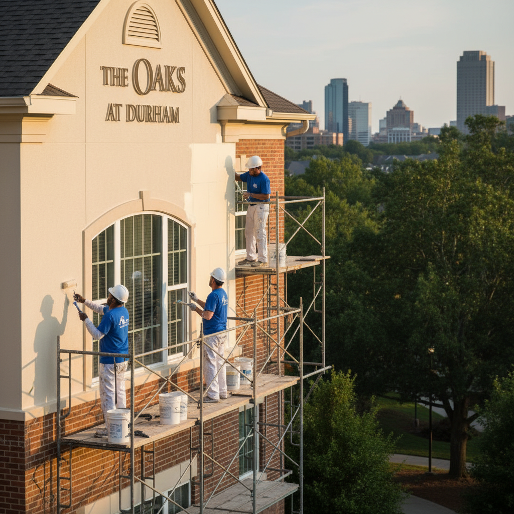 Building exterior being painted, lift and ladders in use, blue sky.