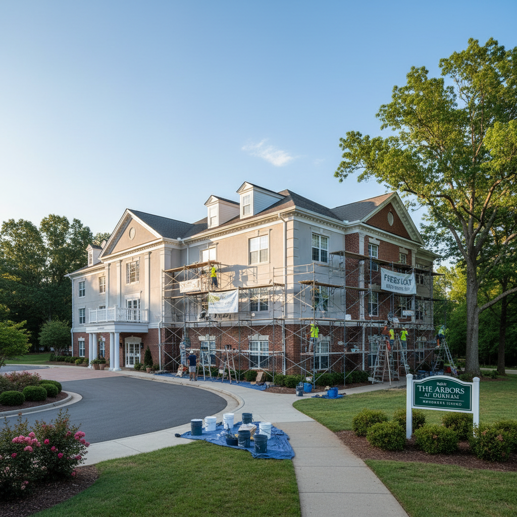 Three-story building under renovation with scaffolding and workers. Exterior features brick and gray siding. Sign: 