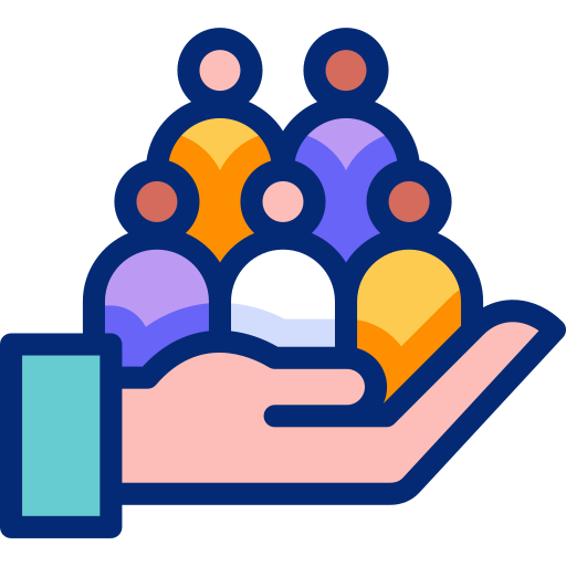 Hand holding six stylized people; symbolizes care, support, and community.