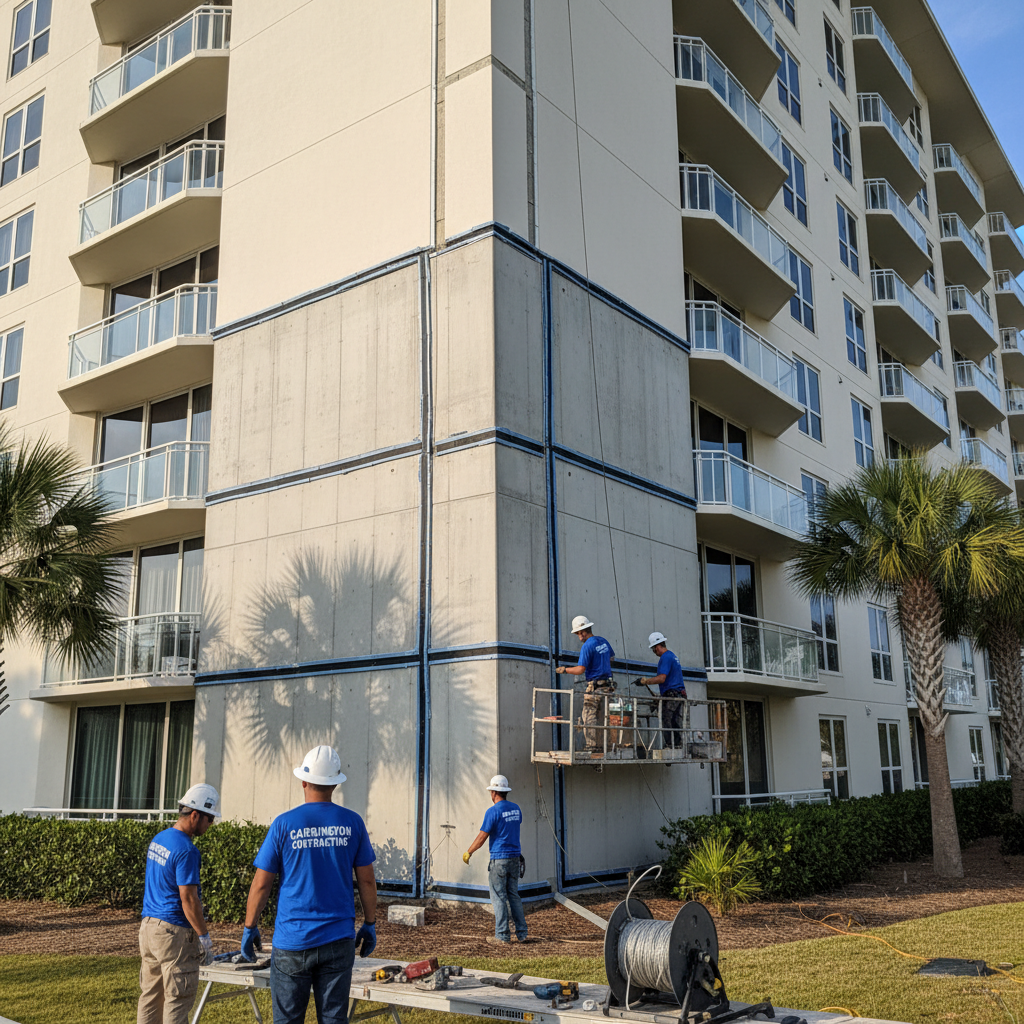 Construction worker on lift installing window in building. Orange lift, white walls.